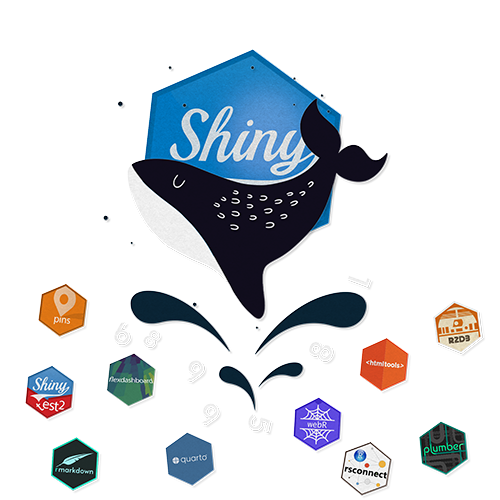 Jumping Rivers' cartoon whale in front of a Shiny hex sticker